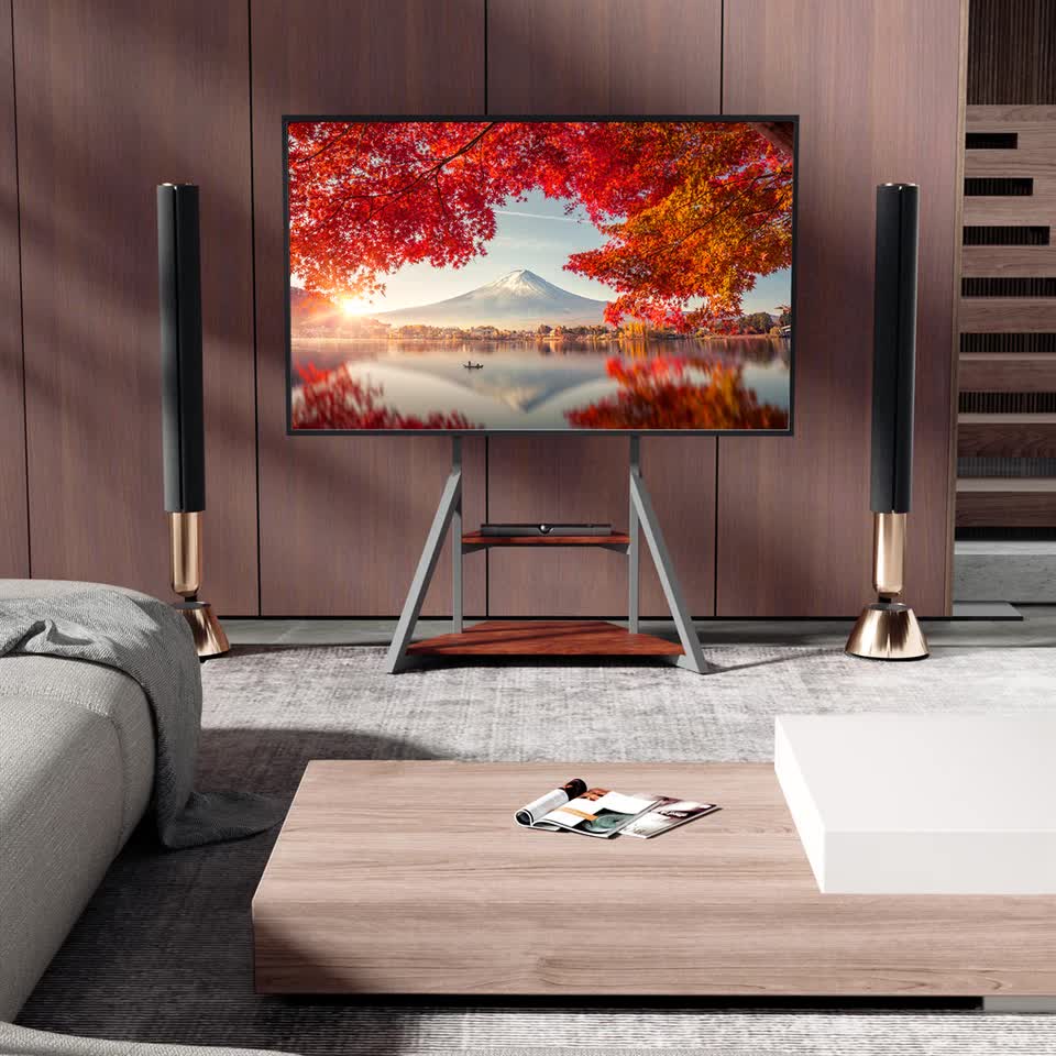 2 Tiers Black Shelves Heavy Duty Universal Tv Floor Stand For 32-75 Inches