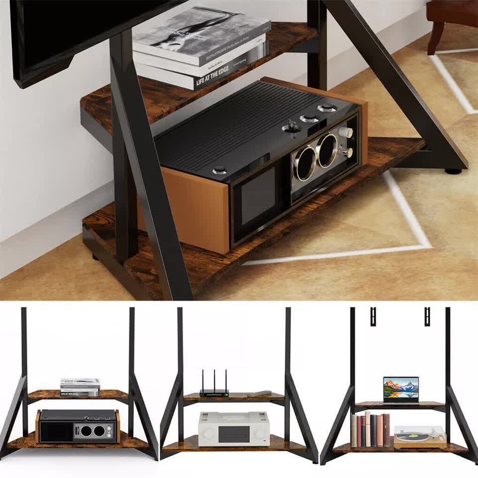 2 Tiers Black Shelves Heavy Duty Universal Tv Floor Stand For 32-75 Inches