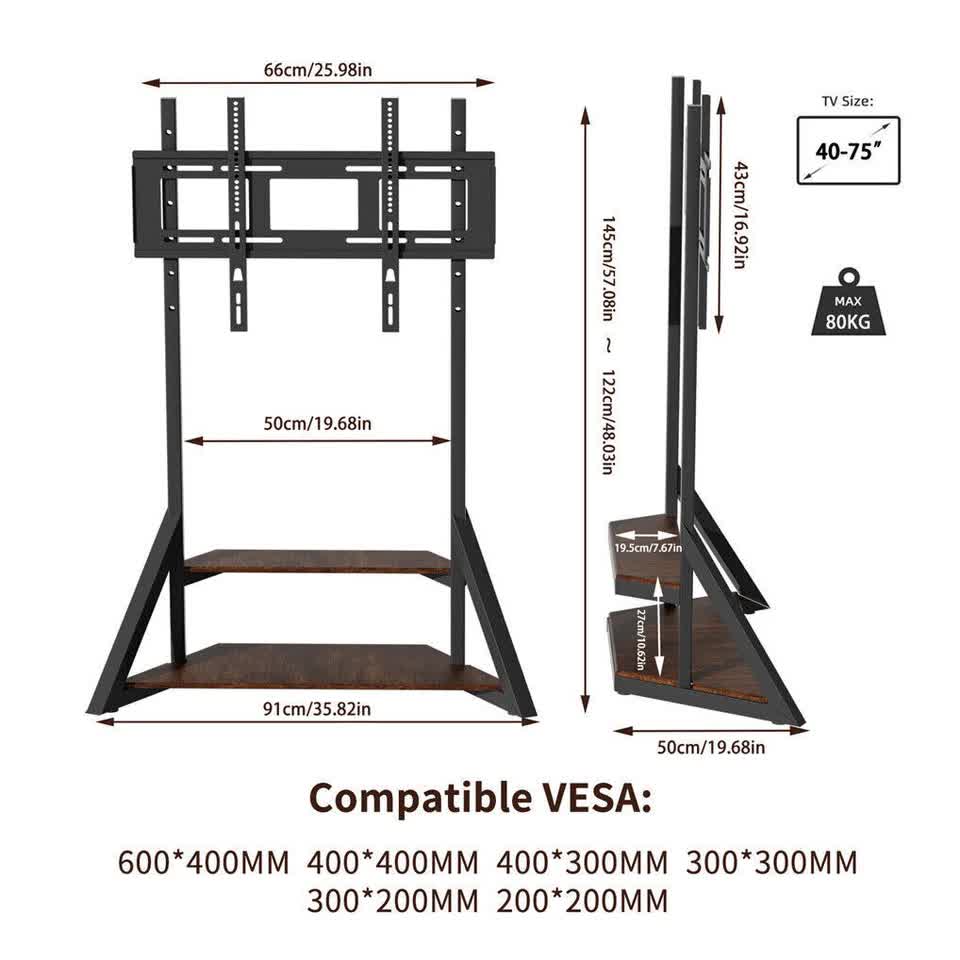 2 Tiers Black Shelves Heavy Duty Universal Tv Floor Stand For 32-75 Inches