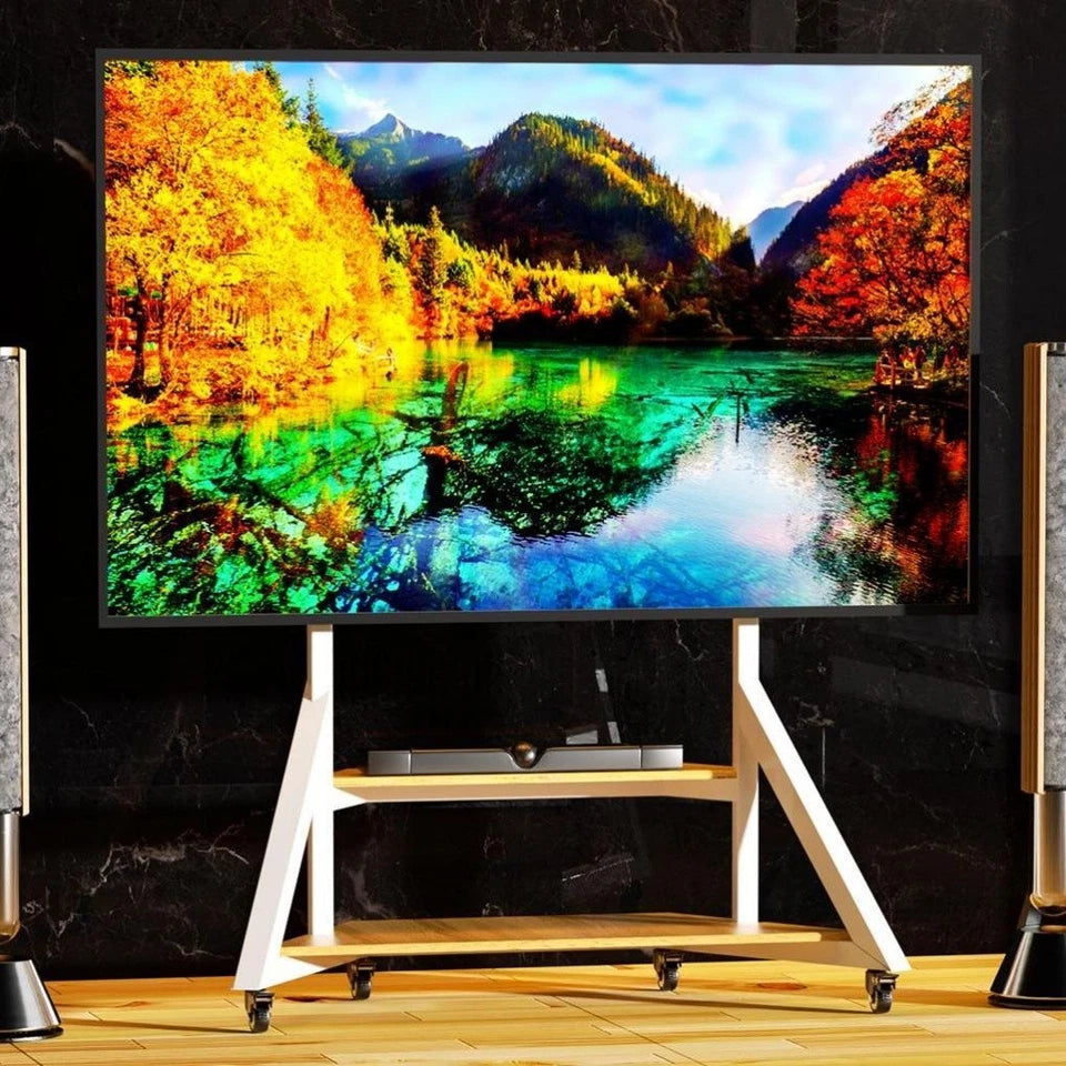 Screens & Stands: White Heavy Duty TV Floor Stand with 2-Tier Shelves for 65-100 Inch Large Screens