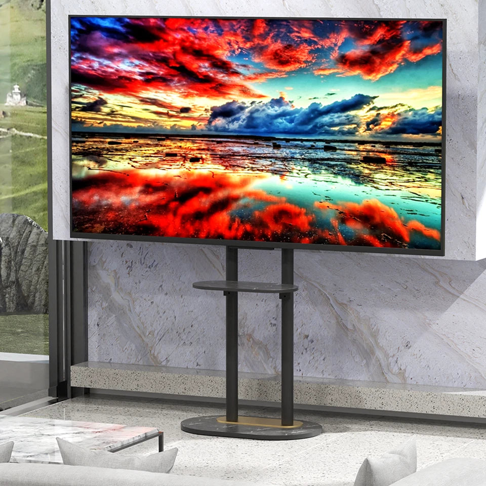 Screens & Stands: Black Free Standing TV Mount with Shelf and Premium Stone Base for Flat Screens