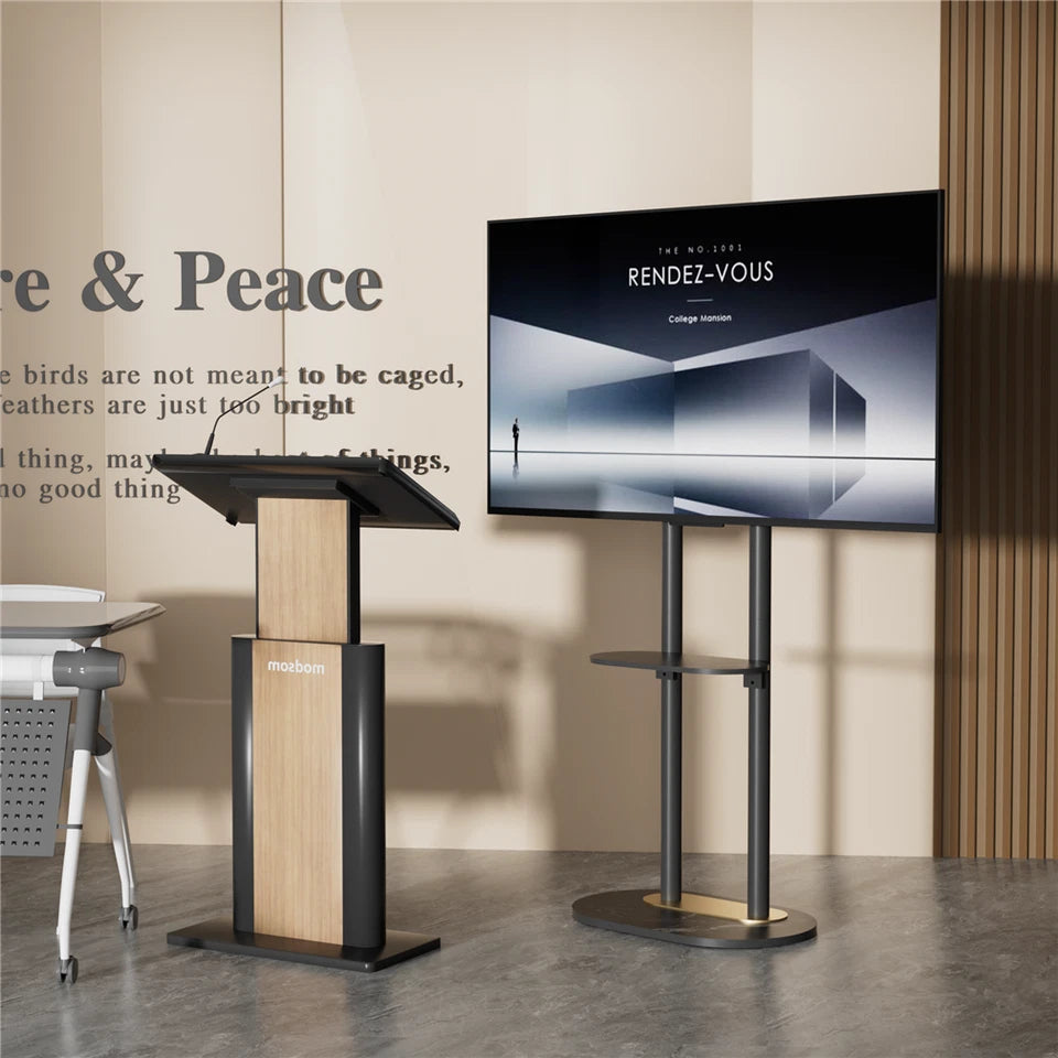 Screens & Stands: Black Free Standing TV Mount with Shelf and Premium Stone Base for Flat Screens