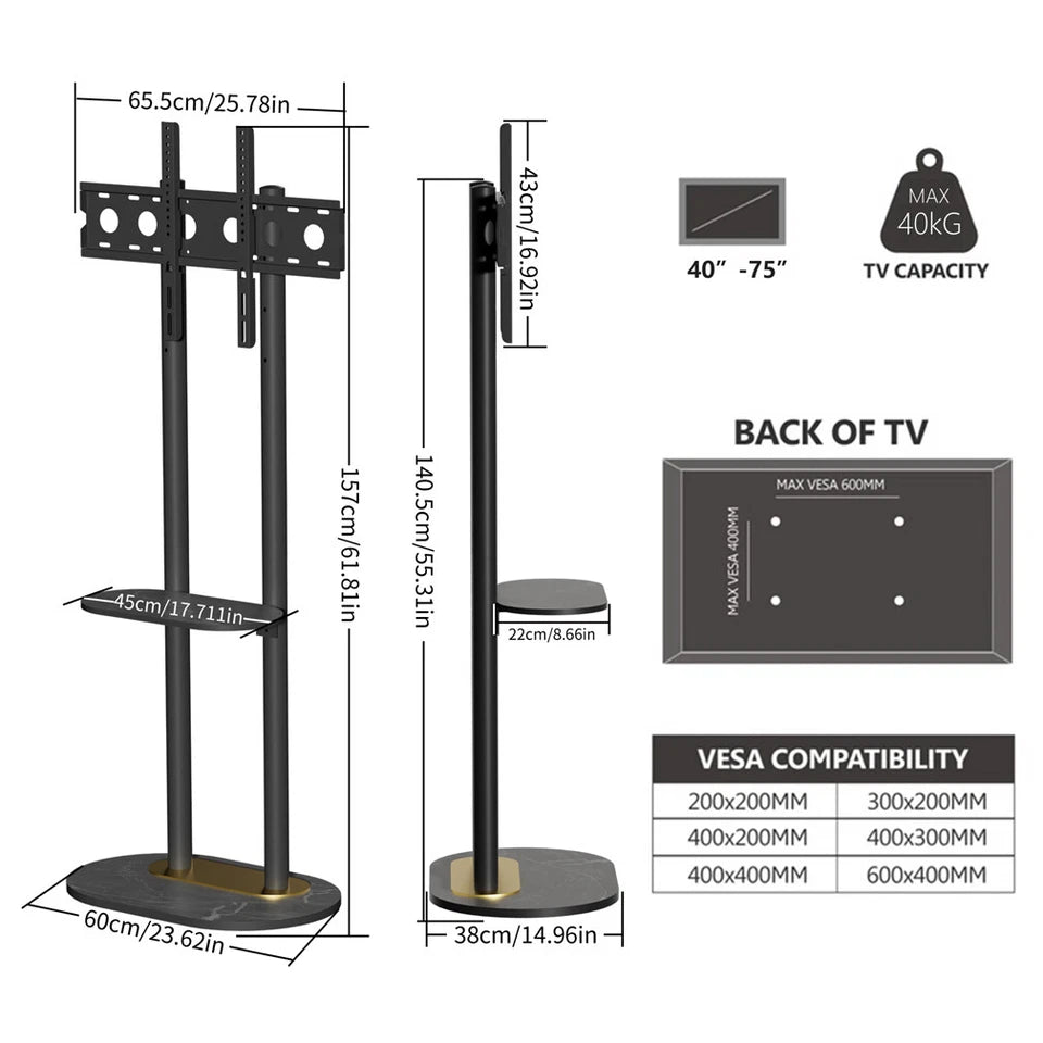 Screens & Stands: Black Free Standing TV Mount with Shelf and Premium Stone Base for Flat Screens
