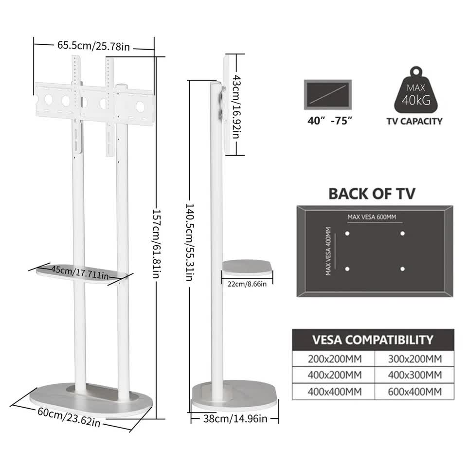 Screens & Stands: 38-75" Heavy Duty Floor Tv Stand W/ Marble Shelf Adjustable Height Mount Bracket