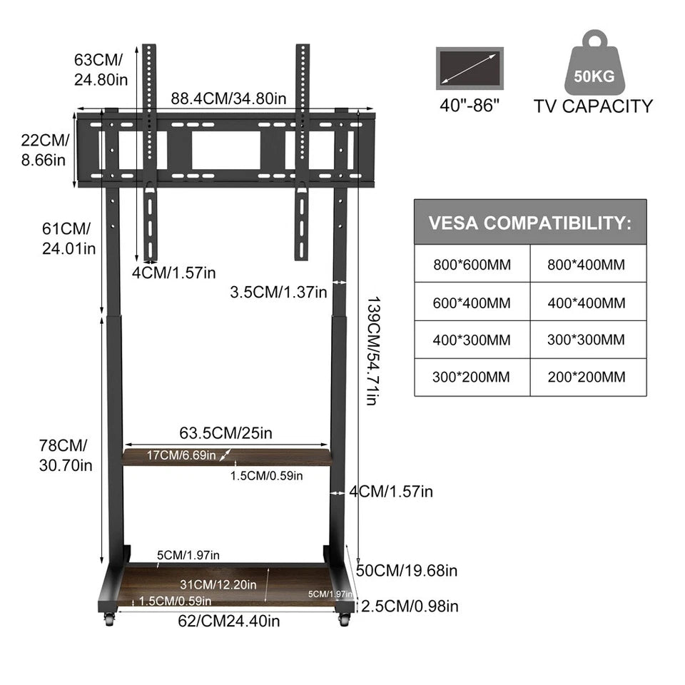 Screens & Stands: Adjustable Rolling TV Stand for 40 to 86 Inch Screens with Shelves