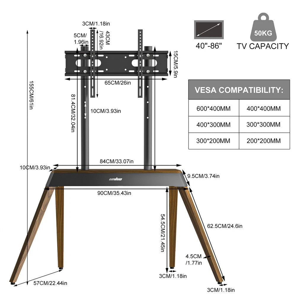 Screens & Stands: 40-86 Inch Large Modern TV Floor Stand Mount - Height Adjustable LED LCD OLED Display Bracket with Trapezoidal Frame