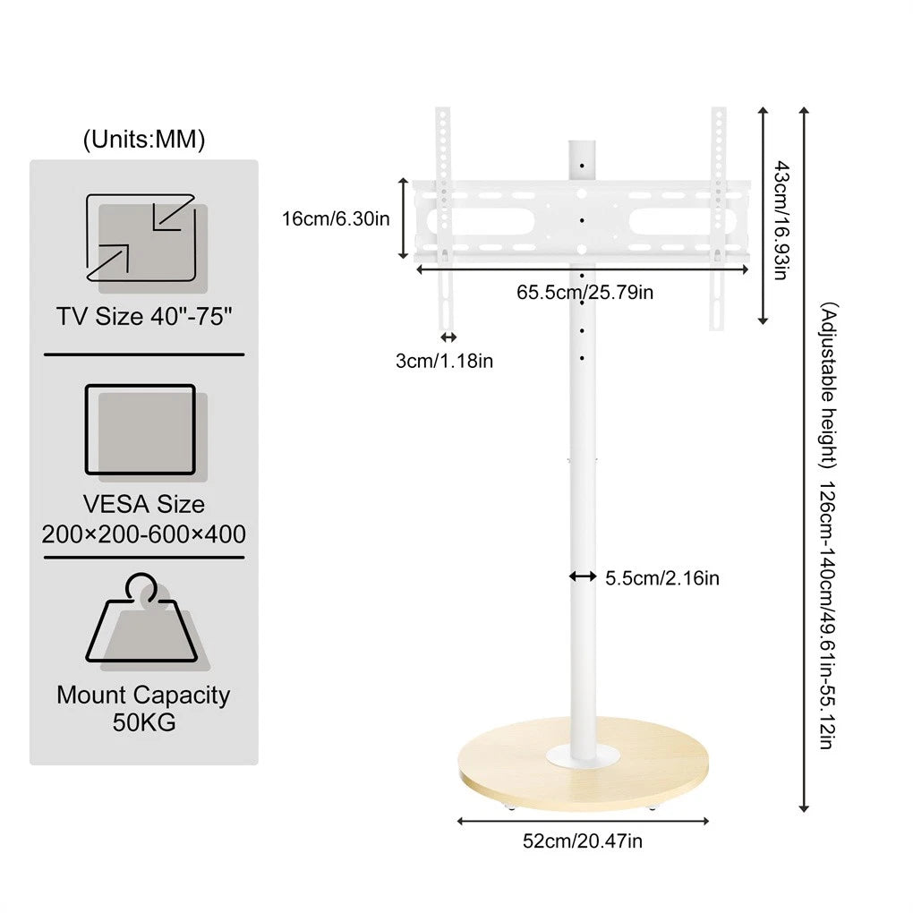 Screens & Stands: 40-75 Inches Rolling TV Floor Stand Heavy Duty Steel TV Cart Mount with Hidden Wheels, Height Adjustable Free-Standing TV Bracket with Wooden Base for Flat Screen TVs