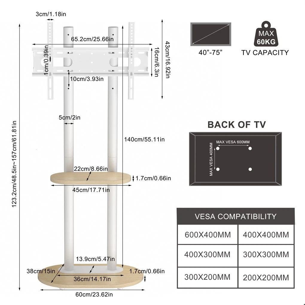 Screens & Stands: 40-75 Inches Heavy Duty Mobile TV Floor Stand with Wooden Shelf, Height Adjustable Rolling TV Mount for Flat Screen, Free-Standing Steel TV Bracket with Wheels