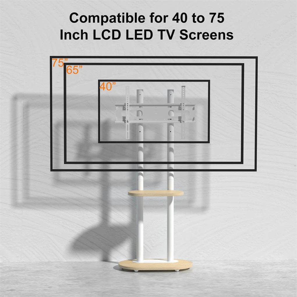 Screens & Stands: 40-75 Inches Heavy Duty Mobile TV Floor Stand with Wooden Shelf, Height Adjustable Rolling TV Mount for Flat Screen, Free-Standing Steel TV Bracket with Wheels