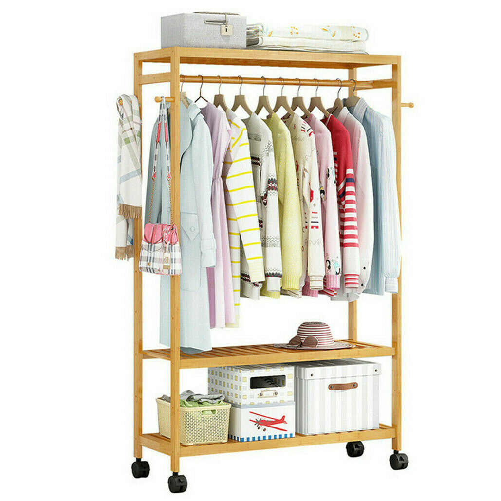 Coat Racks: 169cm Mildrew-proof Bamboo Clothes Shelves Stand On Wheels Coat Shoes Bags Rack