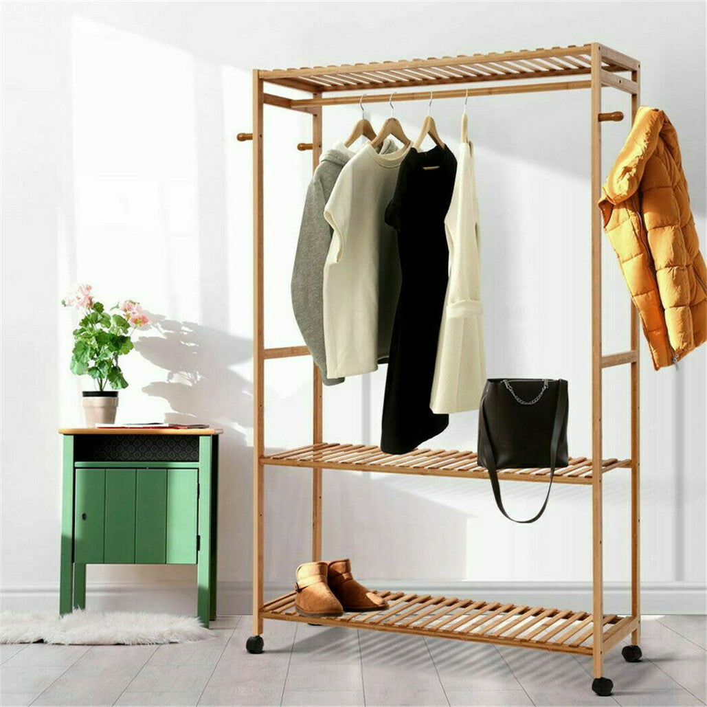 Coat Racks: 169cm Mildrew-proof Bamboo Clothes Shelves Stand On Wheels Coat Shoes Bags Rack