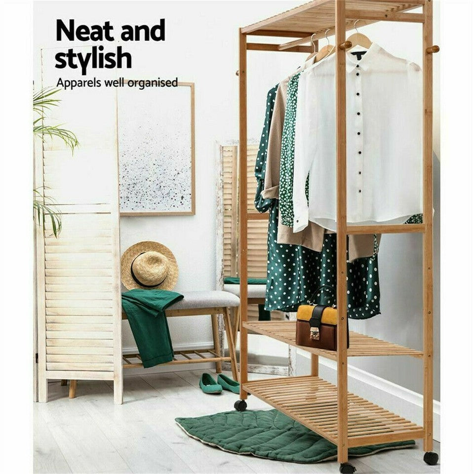 Coat Racks: 169cm Mildrew-proof Bamboo Clothes Shelves Stand On Wheels Coat Shoes Bags Rack