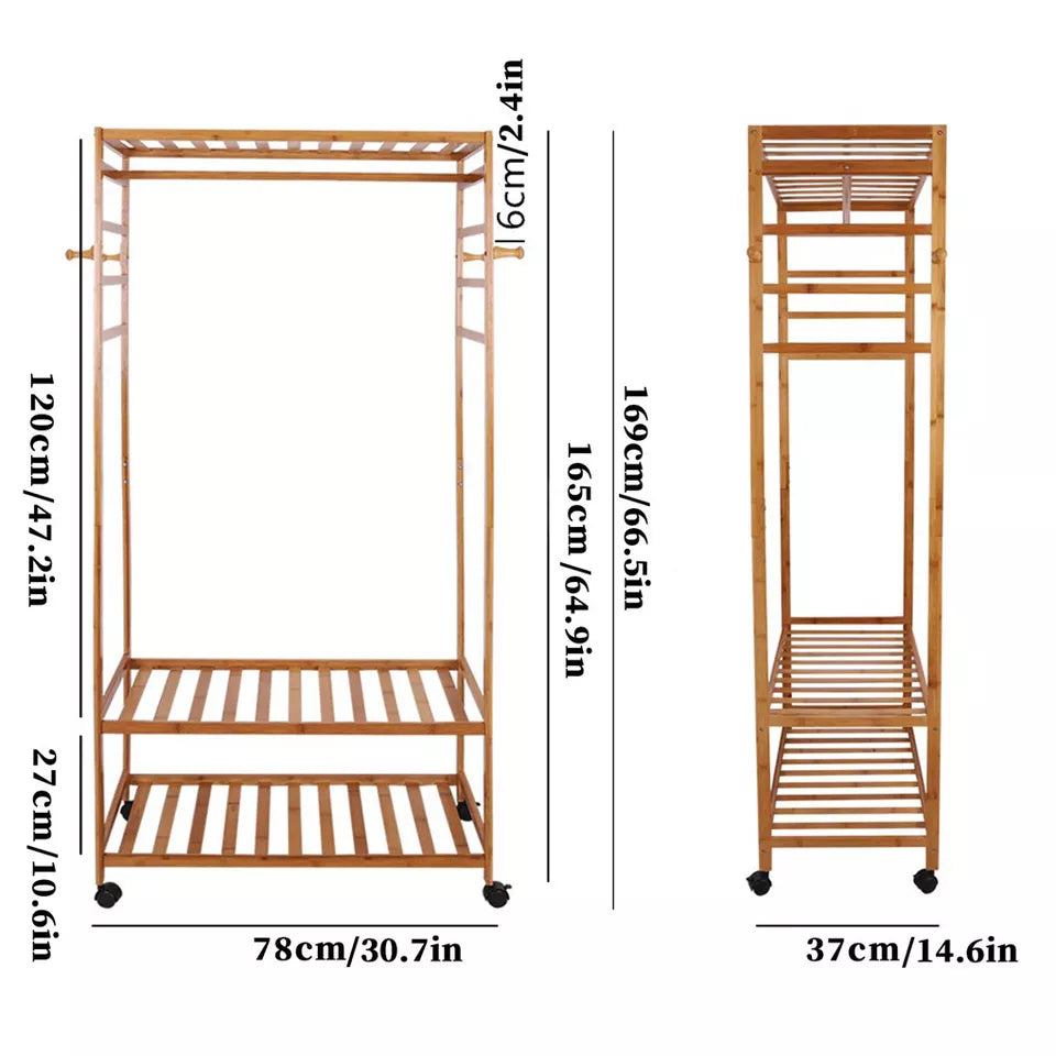 XXL Wooden Clothes Rail Coat Rack with Wheels – Open Wardrobe Organizer
