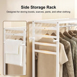 XXL Bamboo Clothes Rail Coat Rack with Wheels, Wooden Open Wardrobe Garment Organizer with Hanging Rod, Shelves and Hooks, White Freestanding Clothes Stand
