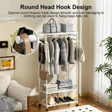 XXL Bamboo Clothes Rail Coat Rack with Wheels, Wooden Open Wardrobe Garment Organizer with Hanging Rod, Shelves and Hooks, White Freestanding Clothes Stand