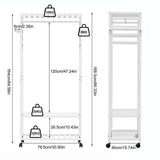 XXL Bamboo Clothes Rail Coat Rack with Wheels, Wooden Open Wardrobe Garment Organizer with Hanging Rod, Shelves and Hooks, White Freestanding Clothes Stand