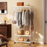 XXL Bamboo Clothes Rail Coat Rack with Wheels, Wooden Open Wardrobe Garment Organizer with Hanging Rod, Shelves and Hooks, White Freestanding Clothes Stand