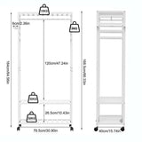 XXL Bamboo Clothes Rail Coat Rack with Wheels, Wooden Open Wardrobe Garment Organizer with Hanging Rod, Shelves and Hooks, White Freestanding Clothes Stand