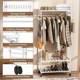 XXL Bamboo Clothes Rail Coat Rack with Wheels, Wooden Open Wardrobe Garment Organizer with Hanging Rod, Shelves and Hooks, White Freestanding Clothes Stand