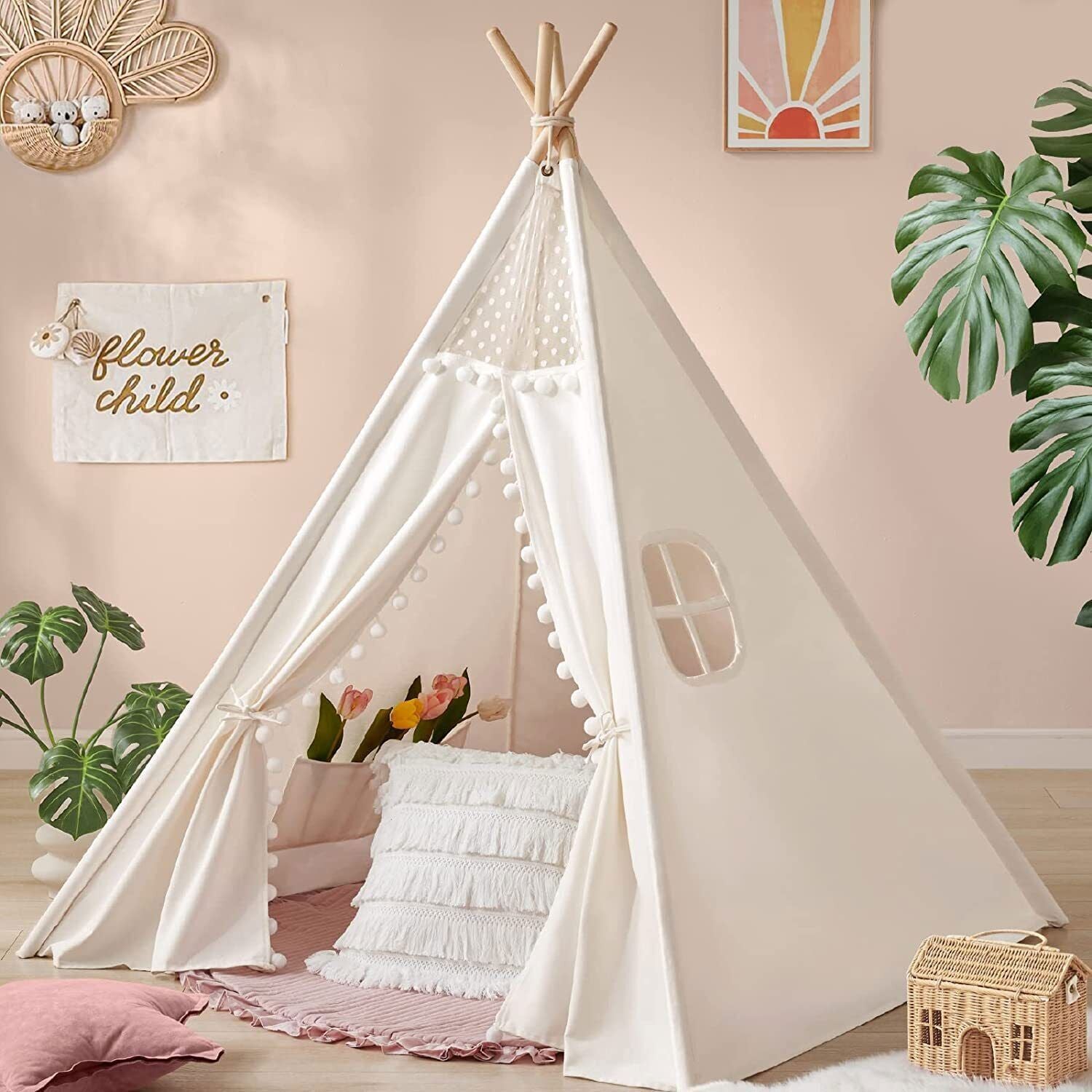 Tents: Xxl Kids Play Teepee Tent Indoor Boho Tent Foldable Tipi With Window/Pompom/Mat