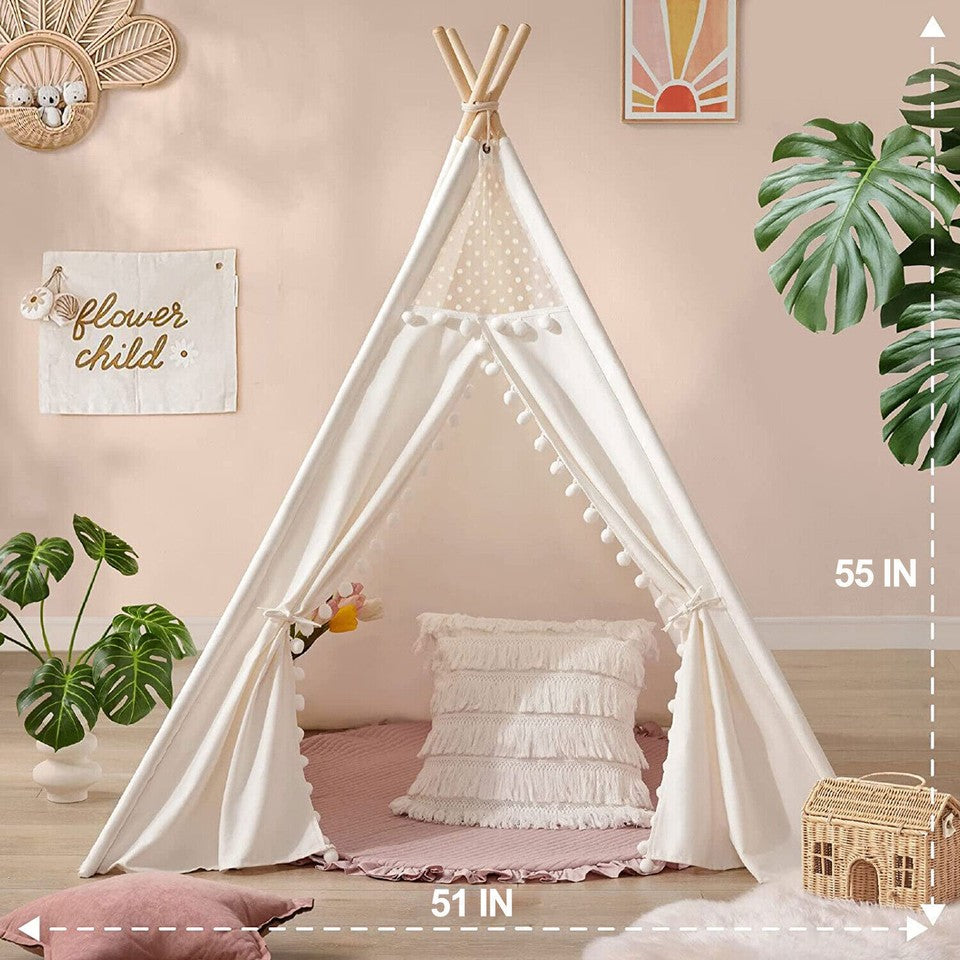 Tents: Xxl Kids Play Teepee Tent Indoor Boho Tent Foldable Tipi With Window/Pompom/Mat