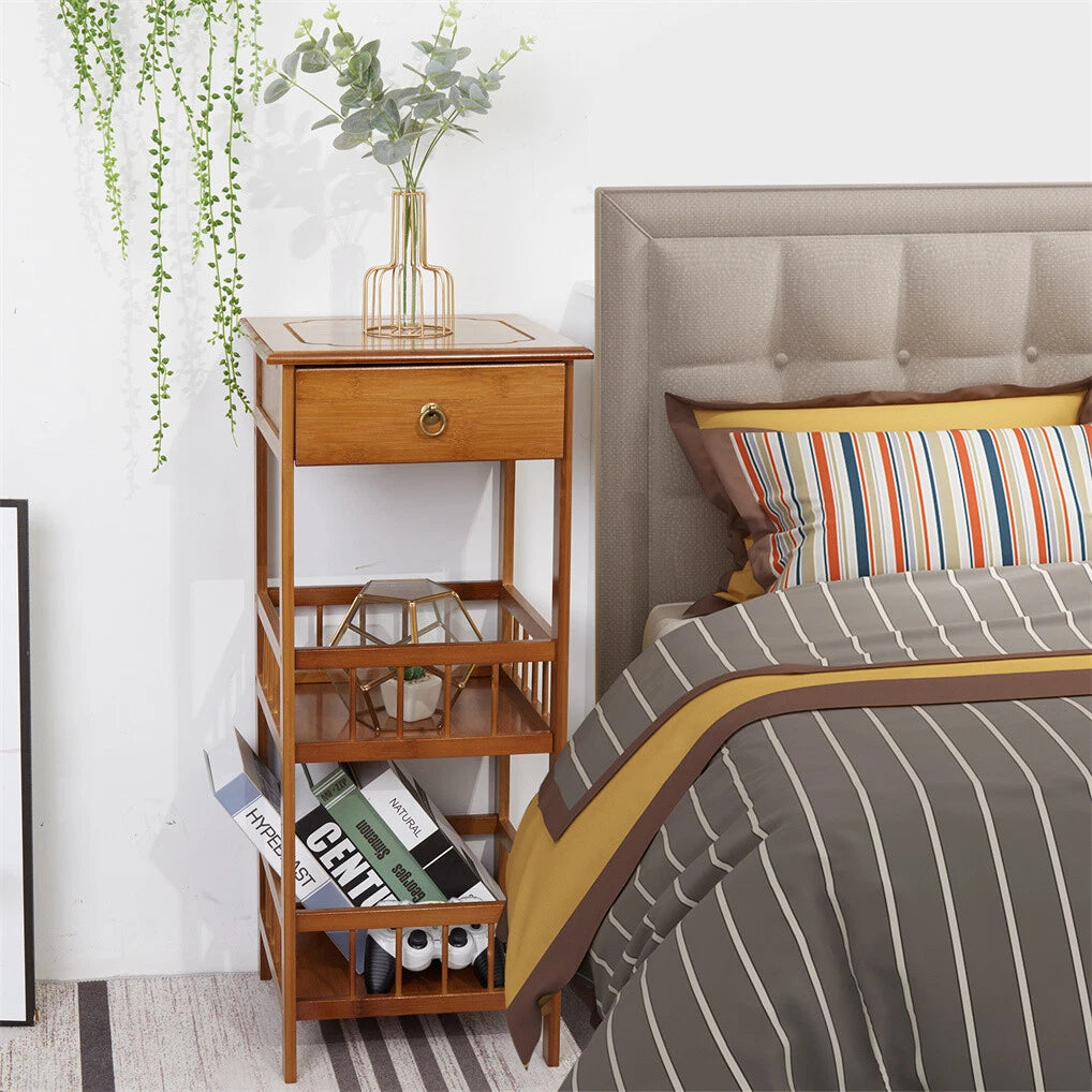 Bedside Tables: P&P Bamboo Bedside Table Nightstand Smooth Storage Side End Table with Drawers for Small Spaces