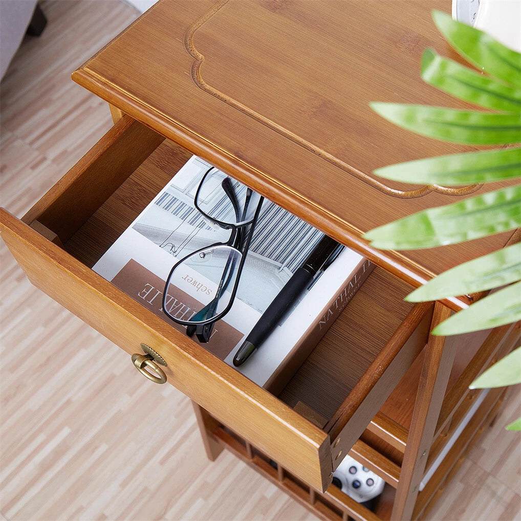 Bedside Tables: P&P Bamboo Bedside Table Nightstand Smooth Storage Side End Table with Drawers for Small Spaces