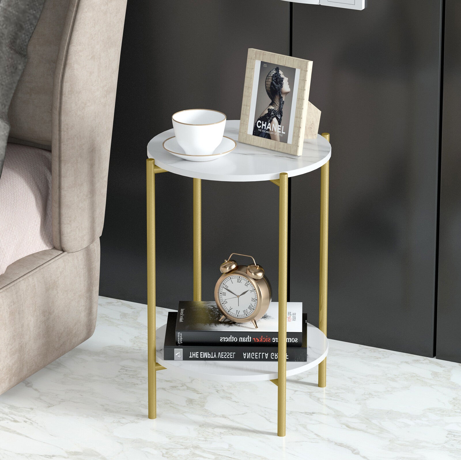 Side Tables: e Store - Marble Sofa Side End Table/Coffee Table with Shelf & Gold Iron Legs