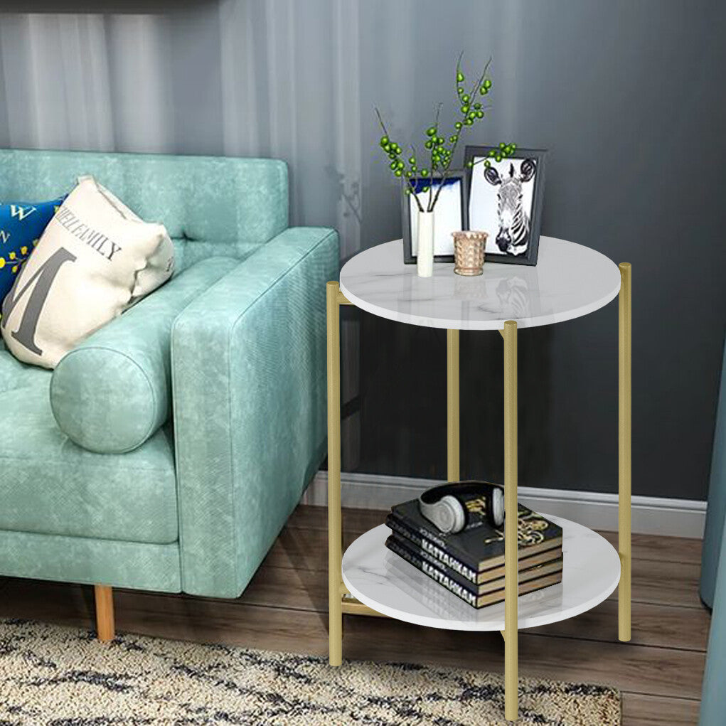Side Tables: e Store - Marble Sofa Side End Table/Coffee Table with Shelf & Gold Iron Legs