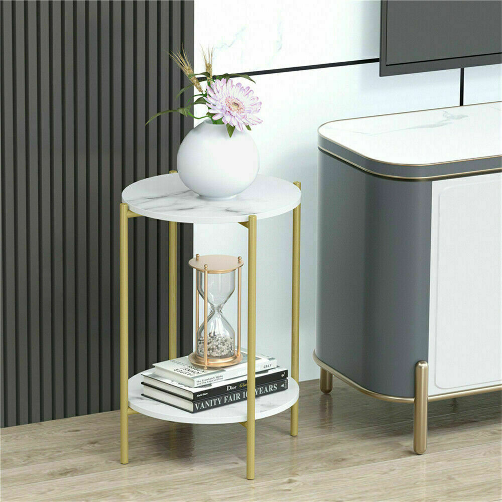 Side Tables: e Store - Marble Sofa Side End Table/Coffee Table with Shelf & Gold Iron Legs