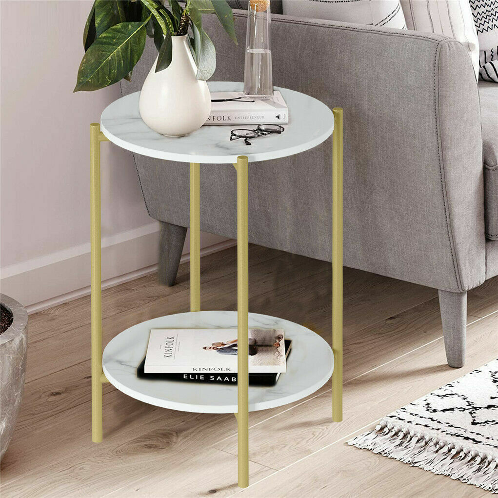 Side Tables: e Store - Marble Sofa Side End Table/Coffee Table with Shelf & Gold Iron Legs