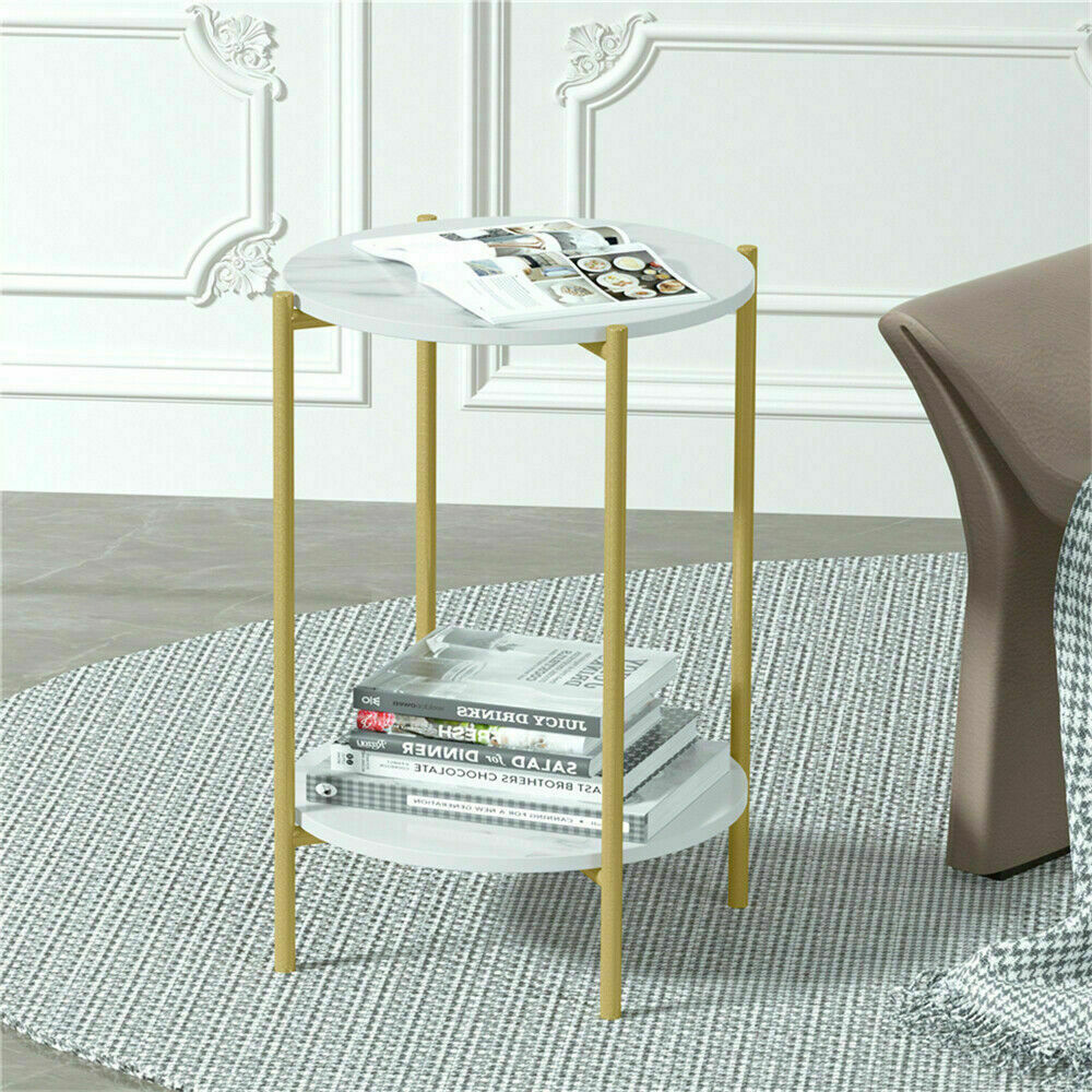 Side Tables: e Store - Marble Sofa Side End Table/Coffee Table with Shelf & Gold Iron Legs