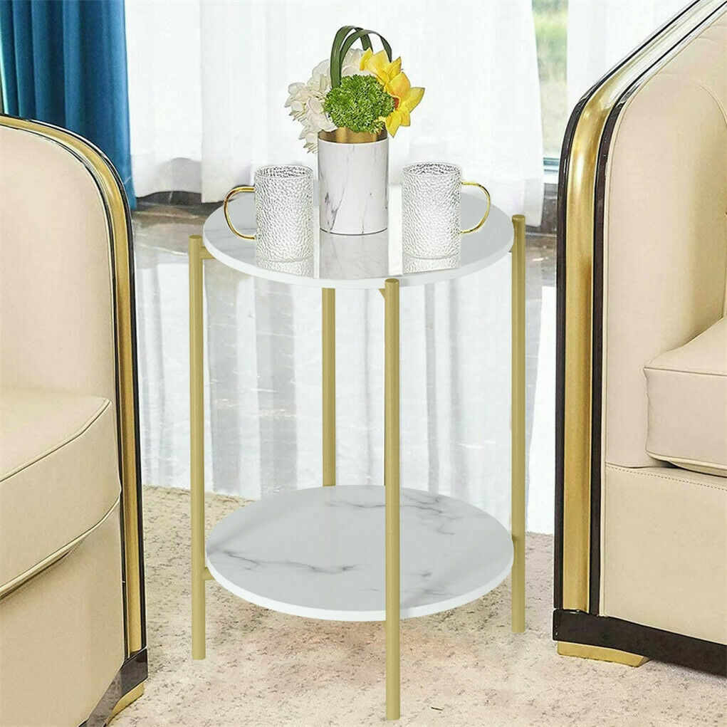 Side Tables: e Store - Marble Sofa Side End Table/Coffee Table with Shelf & Gold Iron Legs