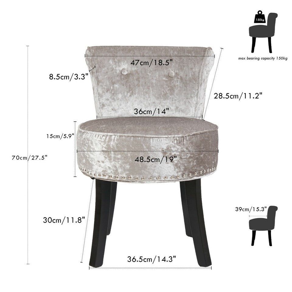 Grey Round Vanity Stool with Padded Seat and Backrest