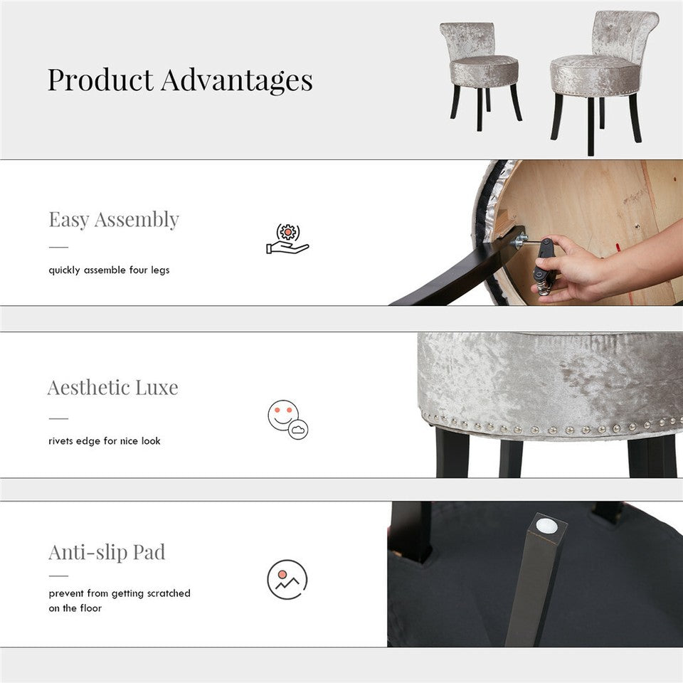 Grey Round Vanity Stool with Padded Seat and Backrest