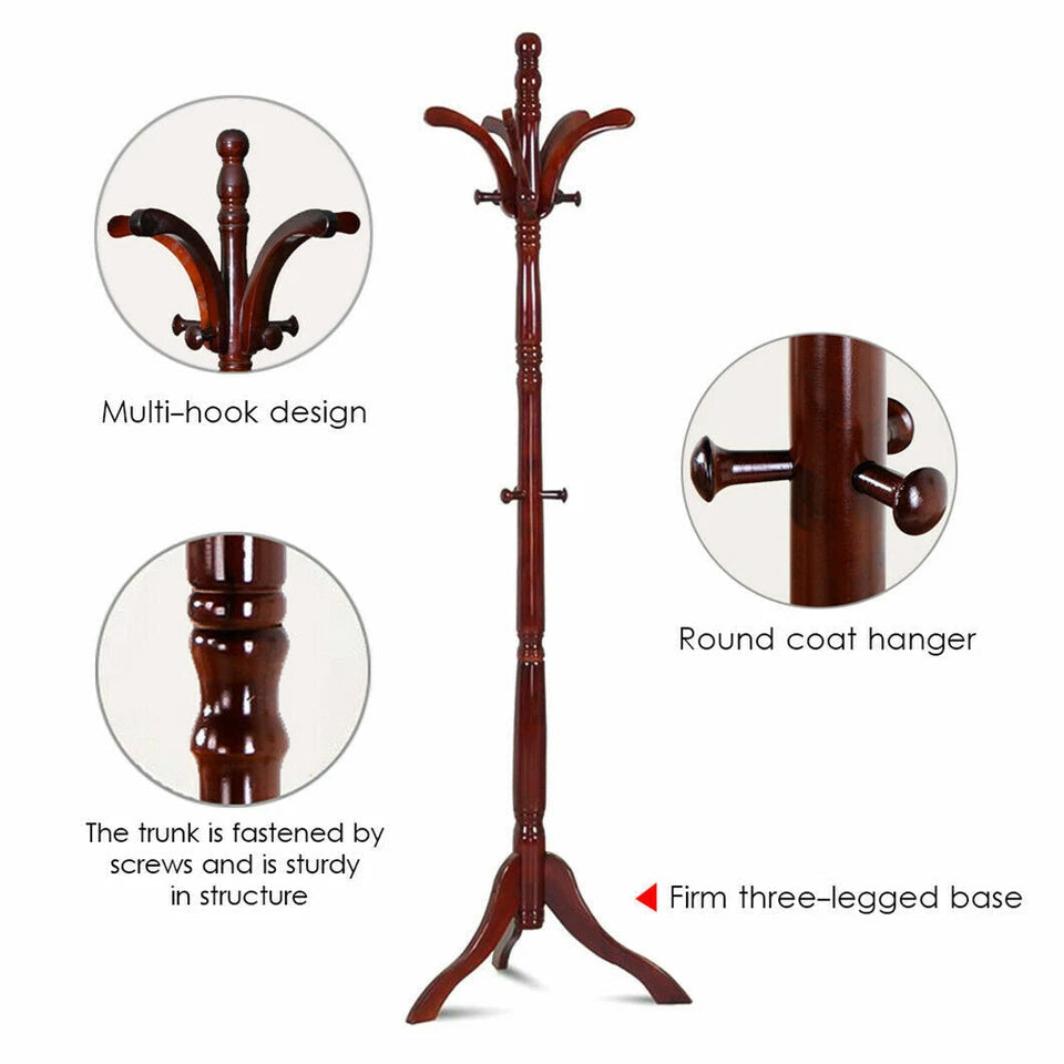 Vintage Wooden Coat Rack Stand with 13 Hooks for Hats, Clothes and Handbags