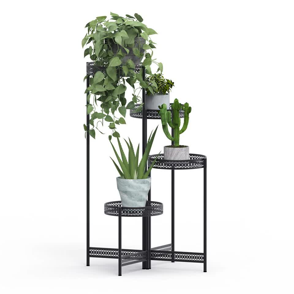 Pots, Planters & Accessories: 4Tier Foldable Corner Tall Plant Stand Metal Flower Display Rack Indoor Outdoor