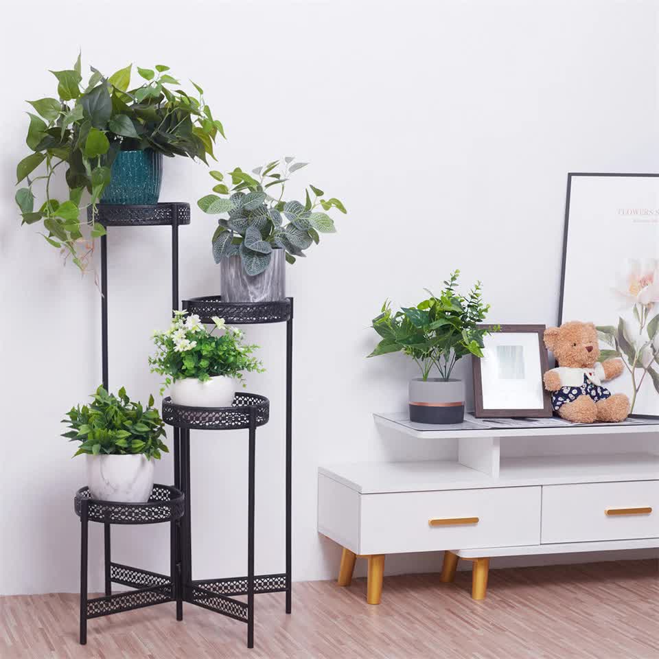 Pots, Planters & Accessories: 4Tier Foldable Corner Tall Plant Stand Metal Flower Display Rack Indoor Outdoor