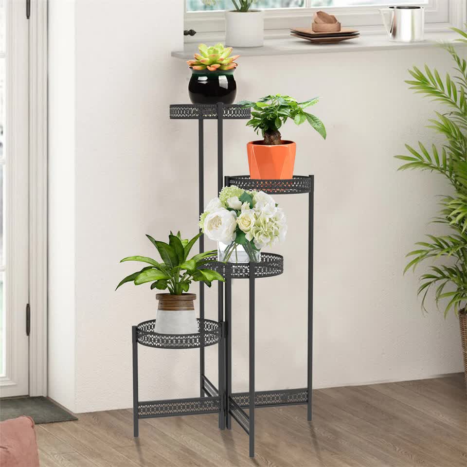 Pots, Planters & Accessories: 4Tier Foldable Corner Tall Plant Stand Metal Flower Display Rack Indoor Outdoor