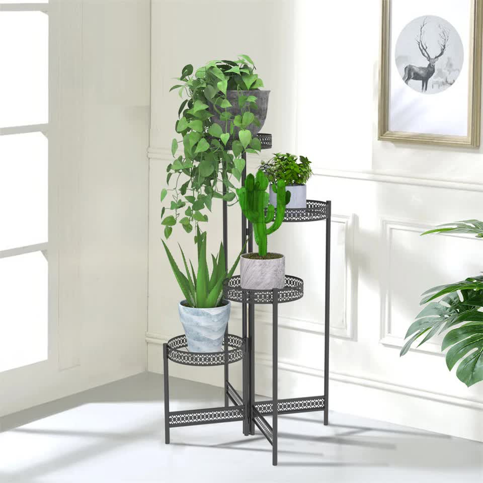 Pots, Planters & Accessories: 4Tier Foldable Corner Tall Plant Stand Metal Flower Display Rack Indoor Outdoor