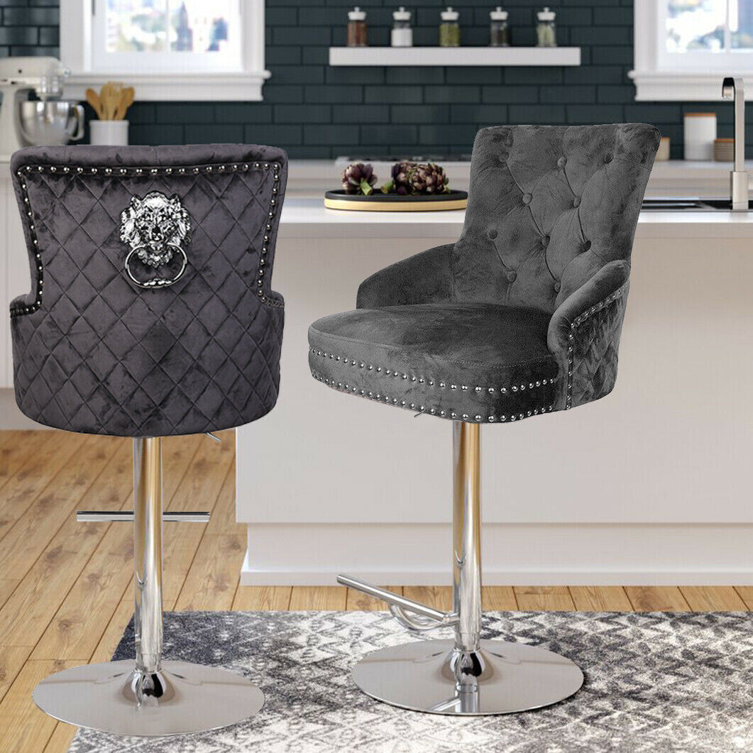 Table & Bar Stools: Luxury Black Velvet Swivel Bar Stool With Lion Knocker & Cross Stitch High Back