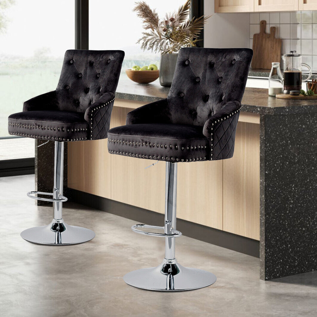 Table & Bar Stools: Luxury Black Velvet Swivel Bar Stool With Lion Knocker & Cross Stitch High Back