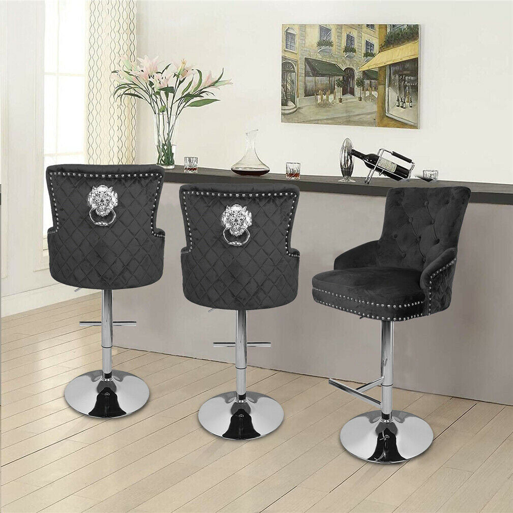 Table & Bar Stools: Luxury Black Velvet Swivel Bar Stool With Lion Knocker & Cross Stitch High Back