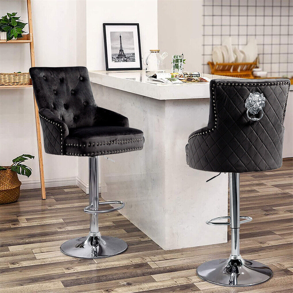 Table & Bar Stools: Luxury Black Velvet Swivel Bar Stool With Lion Knocker & Cross Stitch High Back