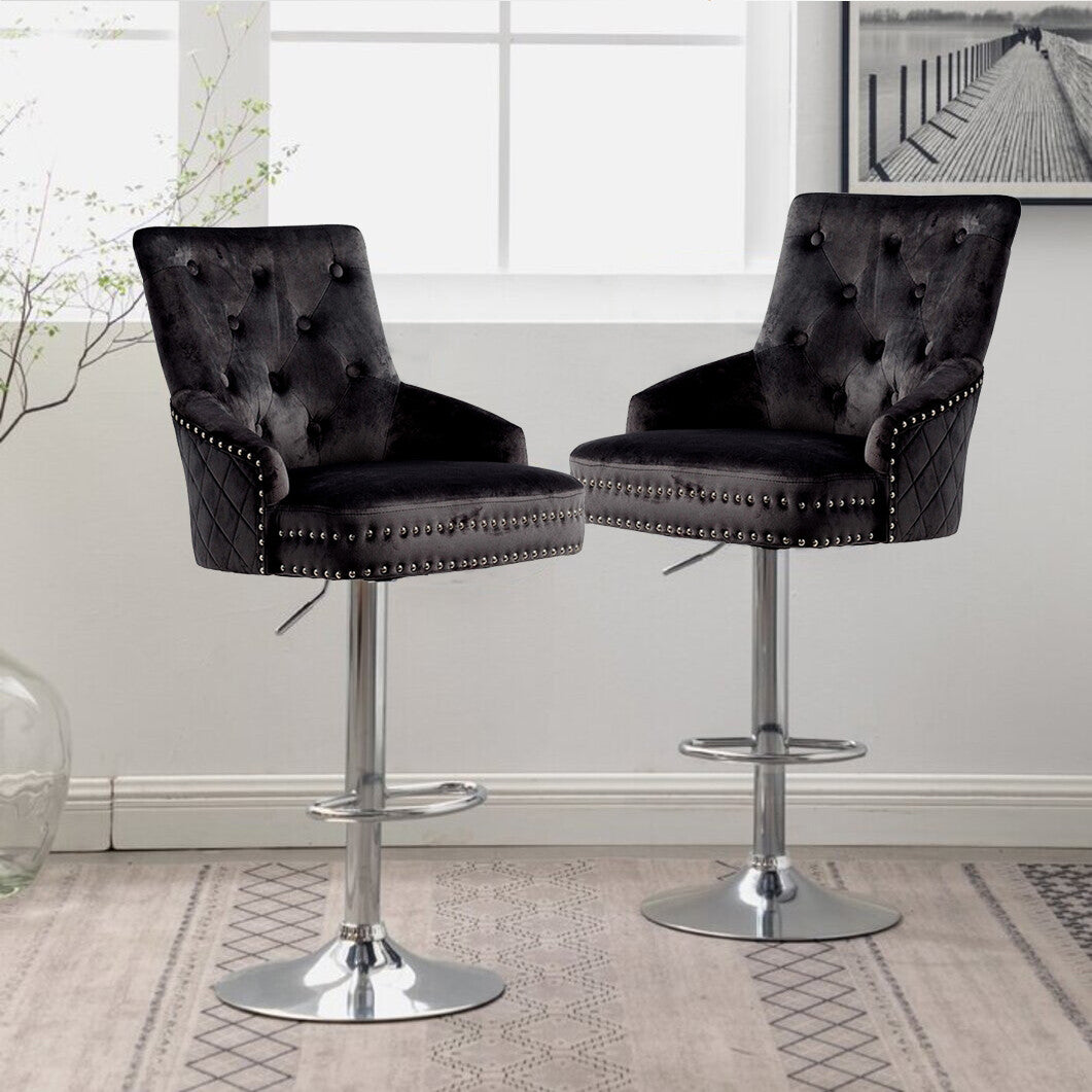 Table & Bar Stools: Luxury Black Velvet Swivel Bar Stool With Lion Knocker & Cross Stitch High Back