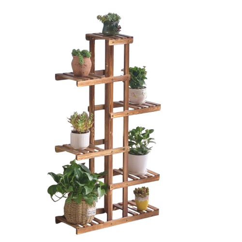Gardening Accessories: Fin Xxl Carbonized Wood Plant Stand 11 Pots Bonsai Display Shelf Flower Rack Corner