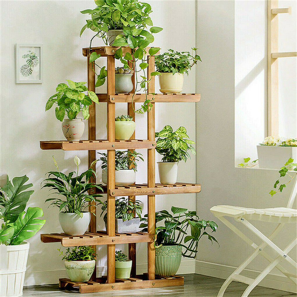 Gardening Accessories: Fin Xxl Carbonized Wood Plant Stand 11 Pots Bonsai Display Shelf Flower Rack Corner
