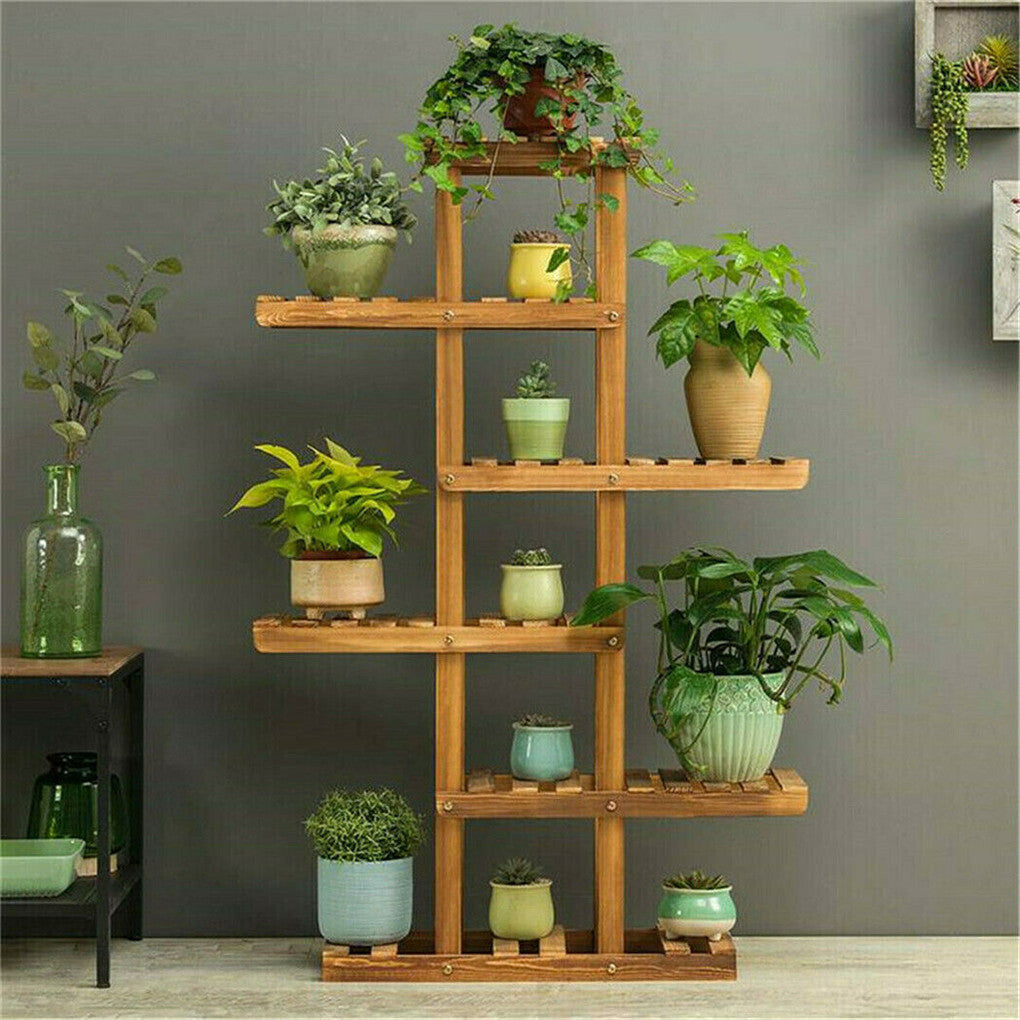 Gardening Accessories: Fin Xxl Carbonized Wood Plant Stand 11 Pots Bonsai Display Shelf Flower Rack Corner