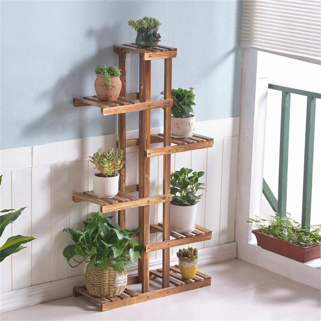Gardening Accessories: Fin Xxl Carbonized Wood Plant Stand 11 Pots Bonsai Display Shelf Flower Rack Corner