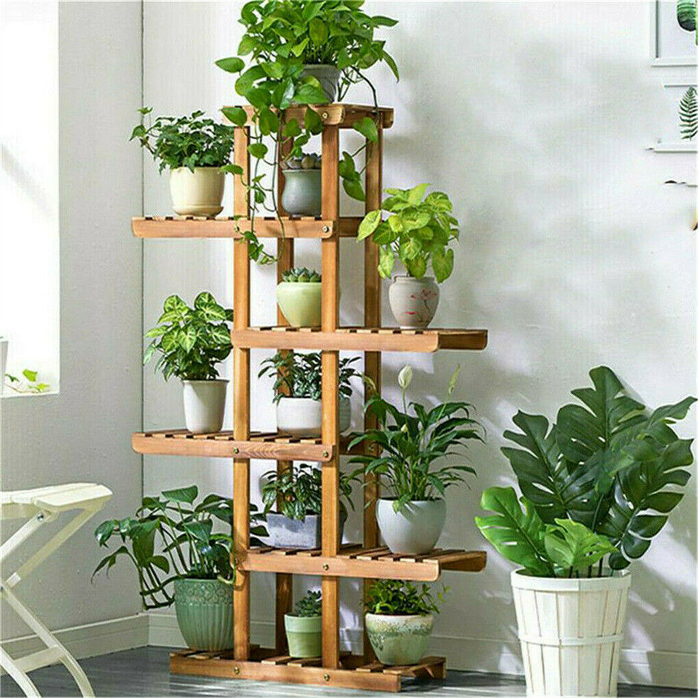 Gardening Accessories: Fin Xxl Carbonized Wood Plant Stand 11 Pots Bonsai Display Shelf Flower Rack Corner